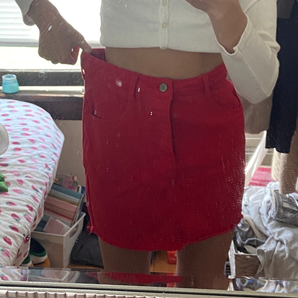 red denim mini skirt